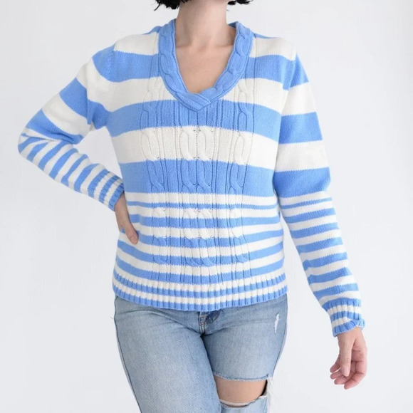 Vintage 90's  Y2K Tommy Hilfiger Blue & White Stripe V-Neck Long Sleeve Sweater - Picture 1 of 12